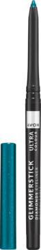 Otwarta diamentowa kredka do oczu Avon Glimmerstick Aqua Sparkle, turkusowa, z widoczną błyszczącą końcówką i zdjętą skuwką.