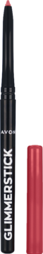Avon Glimmerstick różowa konturówka do ust, otwarta, z czarną obudową, obok różowy swatch i skuwka.