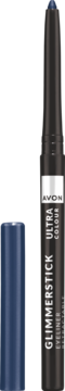 Avon Glimmerstick Diamentowa kredka do oczu w kolorze granatowym, z odkręconą skuwką obok. Widok z przodu.