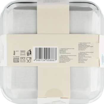 Tył opakowania szklanego pojemnika żaroodpornego z beżową banderolą, widoczne piktogramy i kod kreskowy.