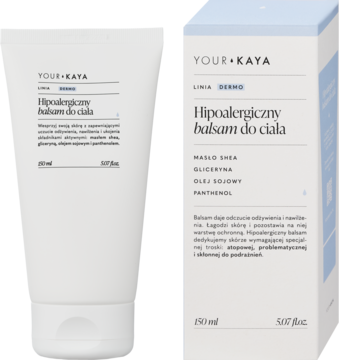 YOUR KAYA Hipoalergiczny balsam do ciała 200ml w białej tubce z pudełkiem z tyłu, lekko z boku, na białym tle.