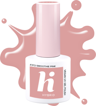 Różowy lakier hybrydowy Hi Hybrid #372 Smoothie Pink, butelka z białym logiem hi, Vegan UV Gel Polish, widok z przodu.