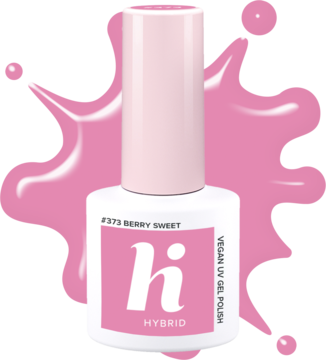 Różowy lakier hybrydowy hi hybrid #373 Berry Sweet, w białej butelce z różową nakrętką, widok z przodu na różowym tle.