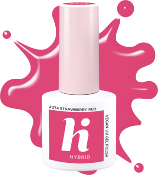 Lakier hybrydowy Hi Hybrid #374 Strawberry Red, butelka z różową nakrętką na tle różowych plam.