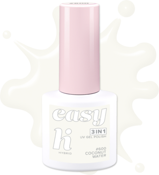Hi Hybrid Easy 3w1 UV Gel Polish P600 Coconut Water, biała butelka z różową nakrętką, widok z przodu.