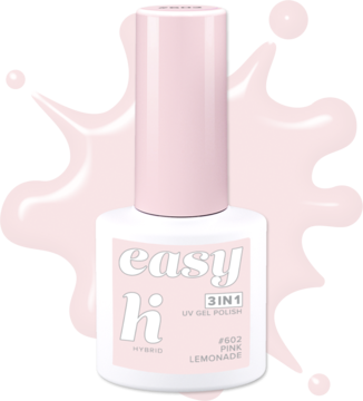 Pastelowy lakier hybrydowy Hi Hybrid Easy 3w1 Pink Lemonade w białej butelce, różowa nakrętka, widok z przodu.
