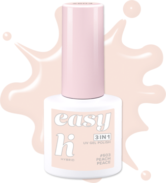 Lakier hybrydowy Hi Hybrid Easy 3w1 Peach Peace w pastelowej butelce z różową nakrętką, widok z przodu.