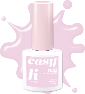 Pastelowy lakier hybrydowy Hi Hybrid Easy 3w1 Happy Pink w różowej butelce z napisem easy hi, widok z przodu.