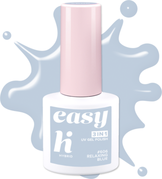 Pastelowy lakier hybrydowy Hi Hybrid Easy 3w1 Relaxing Blue #606, biała butelka z różową nakrętką, widok z przodu.