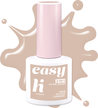 Lakier hybrydowy Hi Hybrid Easy 3w1 Salted Caramel, beżowa butelka z różową nakrętką, widok z przodu.