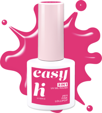 Lakier hybrydowy Hi Hybrid Easy 3w1 Pink Lollipop, neonowy róż w butelce, widok z przodu na różowym tle.