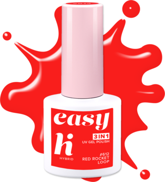 Neonowo-czerwony lakier hybrydowy Hi Hybrid Easy 3w1 Red Rocket Loop, butelka na tle czerwonych smug.