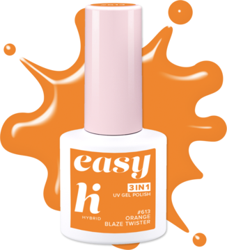 Neonowy lakier hybrydowy Hi Hybrid Easy 3w1 Orange Blaze Twister w białej butelce z różową nakrętką, widok z przodu.
