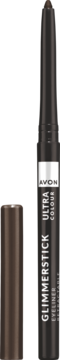 Brązowa diamentowa kredka do oczu Avon Glimmerstick, z otwartą skuwką i wysuniętym połyskującym rysikiem.