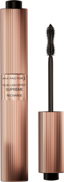 Max Factor False Lash Effect Supreme Recharge mascara w metalicznej rose gold tubie, obok otwarta z czarną szczoteczką.
