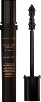 Max Factor False Lash Effect Supreme Recharge mascara refill, czarny, ze złotymi napisami i wyjętą szczoteczką.