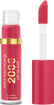 Różowy błyszczyk Max Factor 2000 Calorie Lip Glaze Plumping, butelka stoi obok widocznego aplikatora.