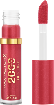 Max Factor 2000 Calorie Lip Glaze, czerwony błyszczyk, optycznie powiększający, otwarty z aplikatorem na pierwszym planie.