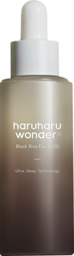 Haruharu Wonder Black Rice Facial Oil, beżowo-brązowa butelka z zakraplaczem, widok z przodu, Ultra. Deep. Technology.