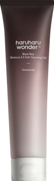 Haruharu Wonder Black Rice Moisture 5.5 Soft Cleansing Gel, unscented tube, dark brown to light pink gradient.