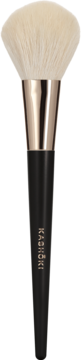 Kashōki Medium Powder Brush 204: Pędzel do pudru z kremowym włosiem, czarną rączką i miedzianą skuwką, z przodu.