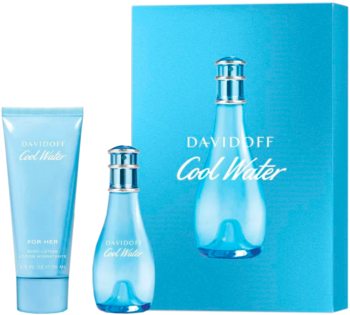 Zestaw Davidoff Cool Water Femme: turkusowa woda toaletowa 30ml, balsam 75ml i pudełko, na białym tle.