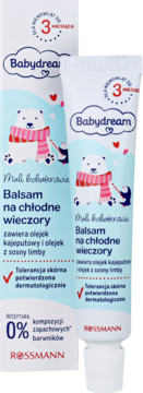 Babydream Balsam na chłodne wieczory dla niemowląt, biała tubka z polarnym misiem, widok z przodu.