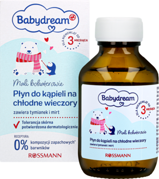 Babydream Płyn do kąpieli na chłodne wieczory z tymiankiem i mirtem, w białym pudełku i bursztynowej butelce.