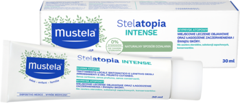 Mustela Stelatopia Intense krem: biała tubka z pudełkiem z tyłu. 93% naturalnych składników na podrażnioną skórę.