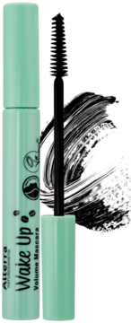 Alterra Wake Up Volume Mascara w miętowej tubce, czarny aplikator wyjęty, widoczna smuga tuszu.