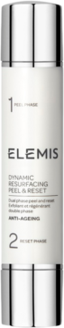 Elemis Dynamic Resurfacing Peel & Reset, dwufazowy zabieg odnawiający skórę, w srebrno-białym, pionowym opakowaniu, widok z przodu.