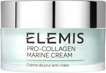 Krem przeciwzmarszczkowy Elemis Pro-Collagen Marine w jasnoniebieskim słoiczku, srebrna nakrętka, widok z przodu.