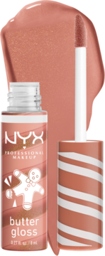 NYX Butter Gloss Swirl Sugar Cookie, shimmery peachy-nude gloss, tube with gingerbread man, applicator in a gloss swirl.