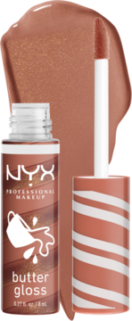 NYX Butter Gloss Hot Cocoa, brązowy błyszczyk z aplikatorem, duża smuga produktu i tubka widoczne z przodu.