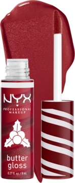 NYX Butter Gloss Swirl Peppermint, intensywny czerwony błyszczyk, z otwartą tubką, aplikatorem i świątecznym motywem.