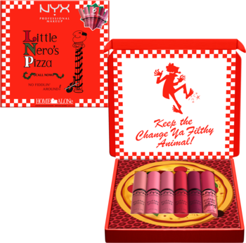 Czerwony zestaw NYX Home Alone: pudełko pizzy Little Nero's z 6 błyszczykami Butter Gloss w odcieniach różu.