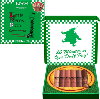 NYX Home Alone Little Nero's Pizza, otwarte zielone pudełko z 6 nude błyszczykami Butter Gloss.