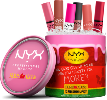 Zestaw NYX Home Alone: 12 mini pomadek w puszce przypominającej wiadro farby z napisem, różowe, czerwone.