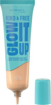 Rimmel Kind & Free Glow It Up, nawilżający skin tint 010 Rose Ivory, tubka z odkręconą nakrętką.