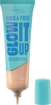 Rimmel Kind & Free Glow It Up nawilżający podkład w tealowo-beżowej tubce, z otwartą nakrętką obok, widok z przodu.