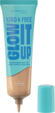 Nawilżający podkład Rimmel Kind & Free Glow It Up w niebiesko-beżowej tubce, odcień 082 Golden Ivory, widok z przodu.