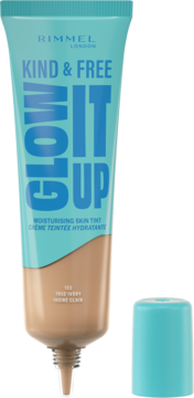 Rimmel Kind & Free Glow It Up podkład nawilżający 103 True Ivory w niebiesko-beżowej tubce, obok nakrętka.