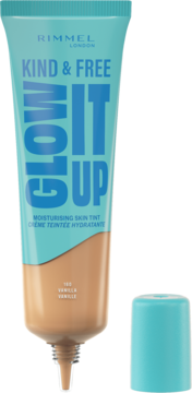 Tubka Rimmel Kind & Free Glow It Up 160 Vanilla, nawilżający skin tint, turkusowo-brązowa, obok odkręcona nakrętka.