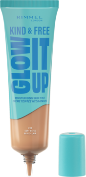 Rimmel Kind & Free Glow It Up nawilżający skin tint w turkusowo-beżowej tubce, widok z przodu z oddzieloną zakrętką.
