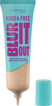 Rimmel Kind & Free Blur It Out Mattifying Skin Tint, odcień 101 Fair Porcelain, w turkusowej tubce z odkręconą nakrętką.