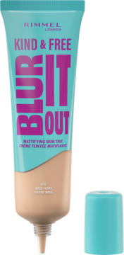 Rimmel Kind & Free Blur It Out, matujący podkład w turkusowo-beżowej tubce, widoczny odcień 010 Rose Ivory, otwarta zakrętka.