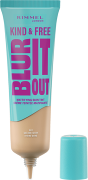 Rimmel Kind & Free Blur It Out, matujący podkład w otwartej, beżowo-turkusowej tubce z magentowym napisem.