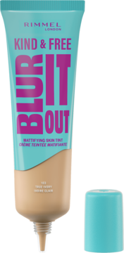 Rimmel Kind & Free Blur It Out matujący skin tint, turkusowa tubka, otwarty, odcień 103 True Ivory.