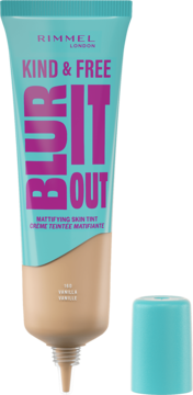 Matujący podkład Rimmel Kind & Free Blur It Out 160 Vanilla w turkusowo-beżowej tubce, odkręcony, z nakrętką obok.