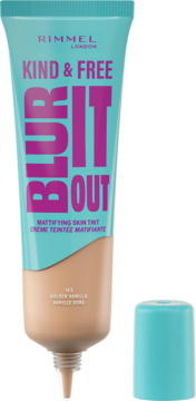 Rimmel Kind & Free Blur It Out, matujący tint do twarzy 103 Golden Vanilla, turkusowa tubka z otwartym aplikatorem.